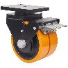 RUEDA GIRATORA PLACA FRENO 10HLRFN300-HUB HIERRO-POLIUR.NARANJA(DOBLE)BOLAS