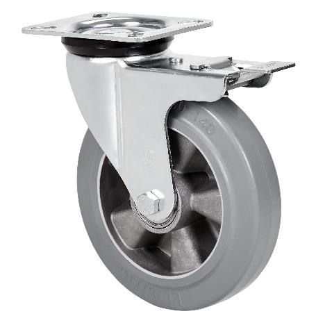 RUEDA GIRATORA PLACA FRENO 4MM 10ZVRFD160-DEGB ALUM-GOMA GRIS ELASTICA BOLAS