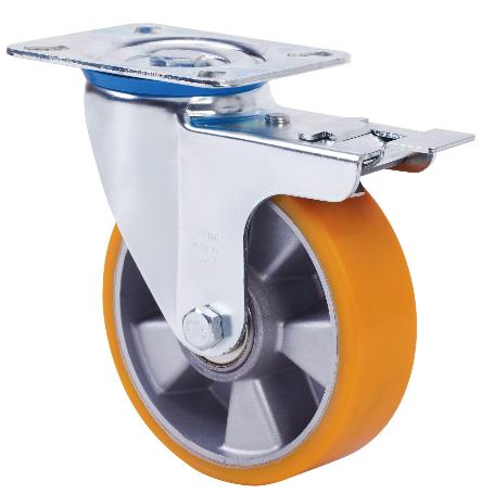 RUEDA GIRATORA PLACA FRENO 10ZVLFD80-AUB ALUMINIO-POLIUR.NARANJA EJE BOLAS