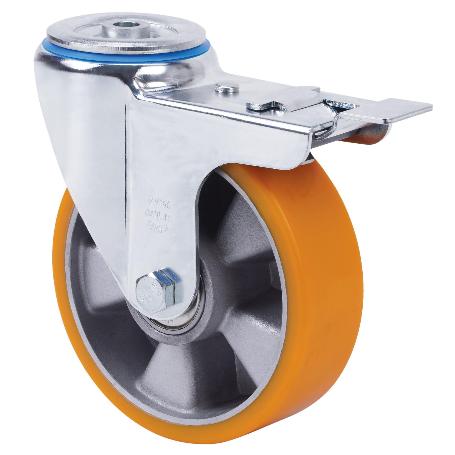 RUEDA GIRATORA AGUJERO M12 FRENO 20ZVLFD80-AUB ALUMINIO-POLIUR.NARANJA BOLAS