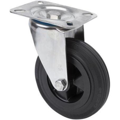 RUEDA GIRATORA PLACA INOX.10ZVI160-PSR POLIAMIX-GOMA NEGRA EJE RODILLOS