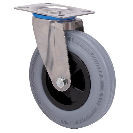 RUEDA GIRATORA PLACA INOX.10ZVI160-PSR POLIAMIX-GOMA GRIS EJE RODILLOS