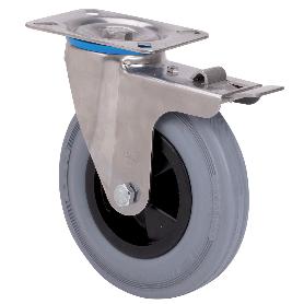 RUEDA GIRATORA PLACA FRENO INOX.10ZVIFD160-PSR POLIAMIX-GOMA GRIS RODILLOS