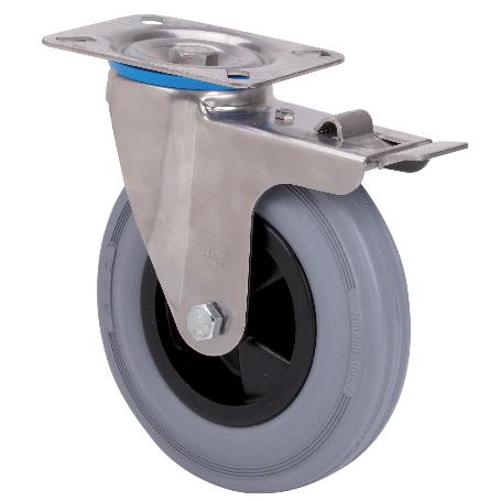 RUEDA GIRATORA PLACA FRENO INOX.10ZVIFD200-PSR POLIAMIX-GOMA GRIS RODILLOS