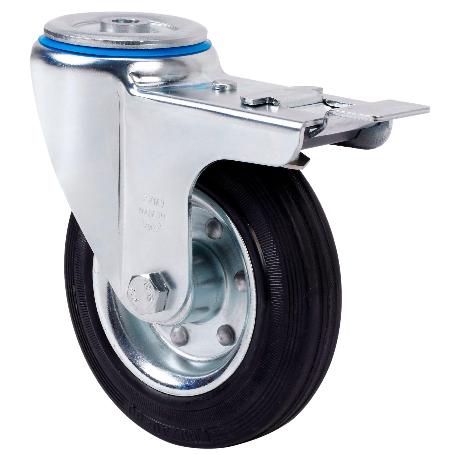 RUEDA GIRATORA AGUJERO M12 FRENO 20ZVLFD125-BSR METALICO-GOMA NEGRA RODILLOS