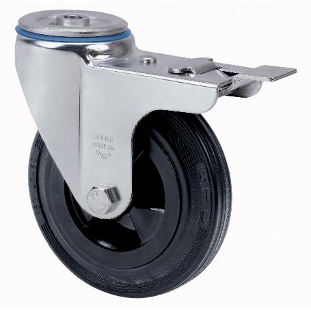 RUEDA GIRATORA AGUJERO M12 FRENO 20ZVLFD125-PSN POLIAMIX-GOMA NEGRA EJE LISO