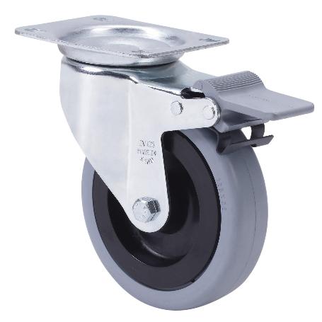RUEDA GIRATORA PLACA FRENO 10ZVLFD125CP-PGASB POLIAMIX-GOMA GRIS EJE BOLAS