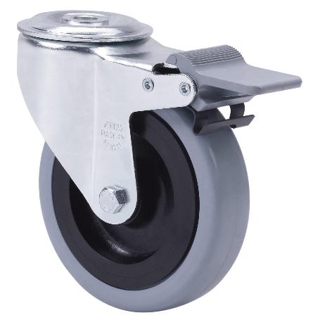 RUEDA GIRATORA AGUJERO M12 FRENO 20ZVLFD125CP-PGASB POLIAMIX-GOMA GRIS BOLAS