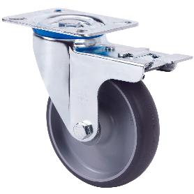 RUEDA GIRATORA PLACA FRENO 10ZVLFD125-PGZR POLIAMIX-GOMA GRIS INYECT.RODILLOS