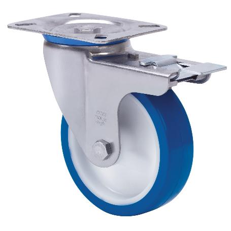 RUEDA GIRATORA PLACA FRENO 10ZVLFD125CP-POASB POLIAMIX BLANCO-POLIUR.AZUL BOL