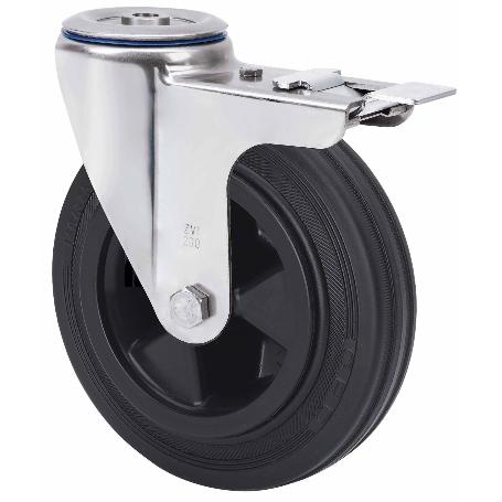 RUEDA GIRATORA AGUJ.M12 FRENO INOX.20ZVLIFD125-PSN POLIAMIX-GOMA NEGRA LISO