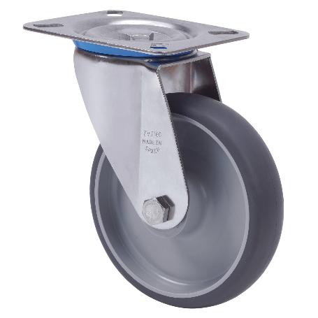 RUEDA GIRATORA PLACA INOX.10ZVLI125-PGZN POLIAMIX-GOMA GRIS INYECT.EJE LISO