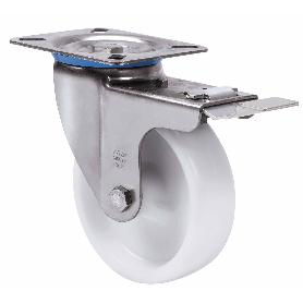 RUEDA GIRATORA PLACA FRENO INOX.10ZVLIFD125-UT POLIAMIX BLANCO EJE LISO