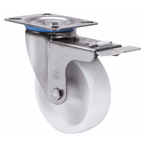 RUEDA GIRATORA PLACA FRENO INOX.10ZVLIFD125-UT POLIAMIX BLANCO EJE LISO