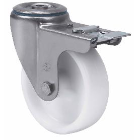 RUEDA GIRATORA AGUJERO M12 FRENO INOX.20ZVLIFD125-UT POLIAMIX BLANCO EJE LISO