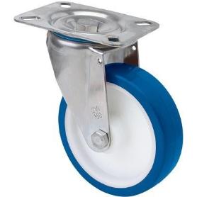 RUEDA GIRATORA PLACA INOX.10ZVLI125-POA POLIAMIX BLANCO-POLIUR.AZUL EJE LISO