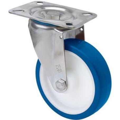 RUEDA GIRATORA PLACA INOX.10ZVLI125-POA POLIAMIX BLANCO-POLIUR.AZUL EJE LISO