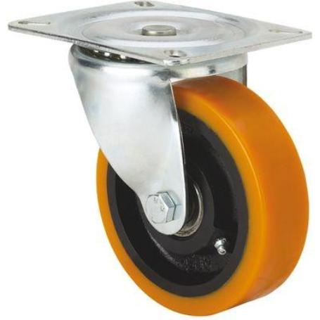 RUEDA GIRATORA PLACA 10-61-125-HUB HIERRO-POLIUR.NARANJA EJE BOLAS