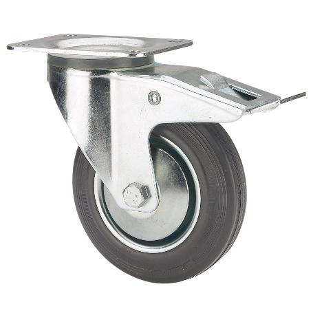 RUEDA GIRATORA PLACA FRENO 120-160-3 CP METALICO-GOMA NEGRA EJE RODILLOS