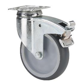 RUEDA GIRATORA PLACA FRENO 301-125-3 POLIAMIX-GOMA GRIS EJE LISO