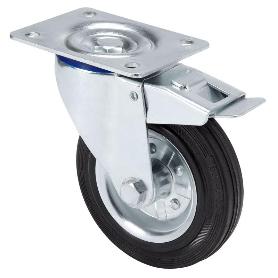 RUEDA GIRATORA PLACA FRENO 125-100-3 METALICO-GOMA NEGRA EJE RODILLOS